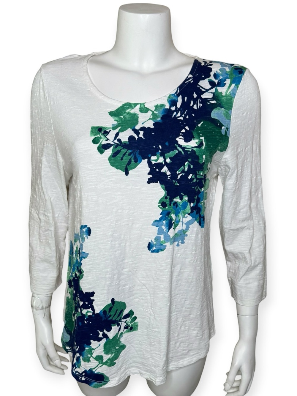 Chico’s Abstract Floral Print Top Tee Tunic Size 1 Medium White Blue Green